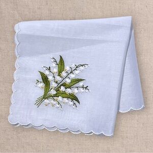 Vintage Alba White Linen Napkin with Lily of the Valley Embroidery